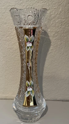 £64.25 • Buy Hand Cut Bohemian Crystal Hand Painted Gold Gilded Bud Vase