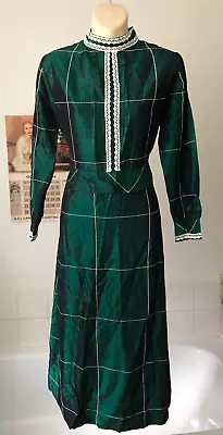 Vintage 1960's Edwardian Style Handmade Green Tonic Faux Silk L/sleeve Dress M • £19.50