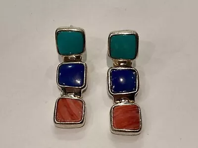 Authentic Signed Qt Carolyn Pollack Sterling Silver & Multi Gemstone Earrings Nr • $34.95