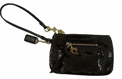 Coach Black Sequin Poppy Wristlet Small Handbag Gold Heart & Charm • $20.90