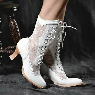 $39.68 • Buy Women Steampunk Lace Boots Cute Block Shoes Lace Up High Heel Boots Victorian
