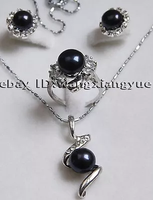 Genuine Black Akoya Cultured Pearl Earrings /Ring / Necklace Pendant Set AAA • $8.95