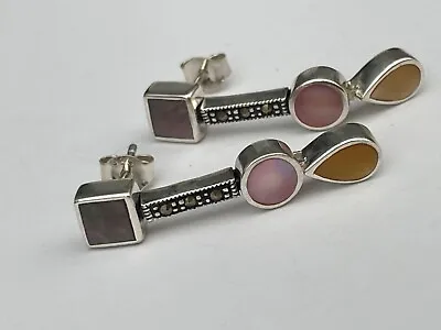 Coloured Mother Of Pearl And Marcasite Earrings Sterling Silver • £15.90