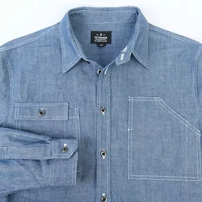 Feltraiger Blue Chambray Mechanics Triple Stitch Choker Collar Work Shirt Usa L • $39.99