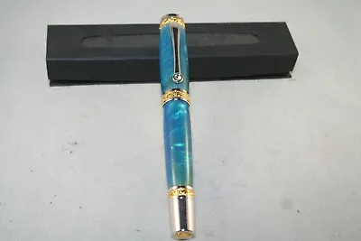 Handmade Caribbean Blue Majestic Rollerball Pen With Rhodium & 22KT Gold Plated • $100