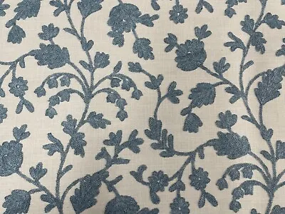 Lucca Embroidered Linen Fabric Sky Blue Fibre Naturelle Curtain Roman Blind • £2.99