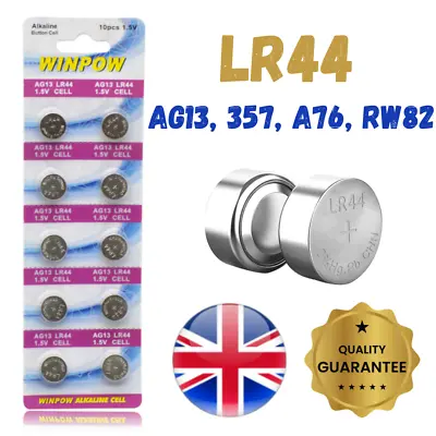 LR44 Batteries Alkaline AG13 357 A76 RW82 L1154 SR44 Button Coin Cell Battery UK • £1.99