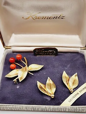 Vintage 1950's-1960's Krementz Gold Filled-Red Coral Flowered Pin Earring Set • $80
