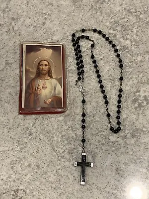 Vintage Black Italian Rosary Beads With Pouch Stamped Italy + Extra Charm • $18