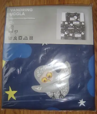 Ikea VANDRING UGGLA Twin Duvet Cover Pillowcase Blue Moon Owls Clouds Spider NEW • $69.95