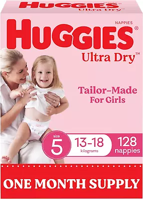 Ultra Dry Nappies Girls Size 5 (13-18Kg) 128 Count - One Month Supply (Packaging • $111