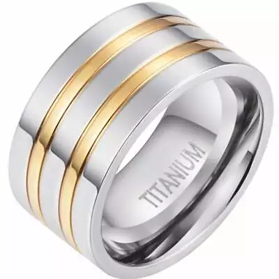 Mens 10mm Titanium Wedding Gold Tone Band Ring - UK SELLER • £44.99