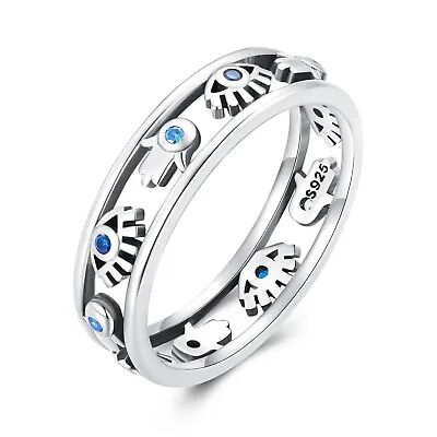 💖 Lucky Hamsa Evil Eye Ring Protection Genuine 925 Sterling Silver Sizes J-R 💖 • £16.95