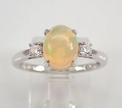 14K White Gold Diamond And Opal 3 Stone Engagement Ring Size 7 October Gemstone • $499