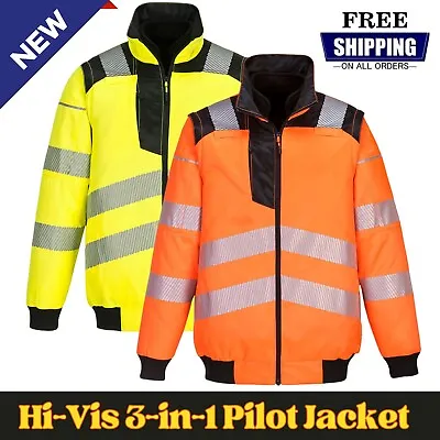 PORTWEST PW3 Hi Vis 3-in-1 Water Resistant Safety Work Wear Pilot Jacket PW302 • £14.99