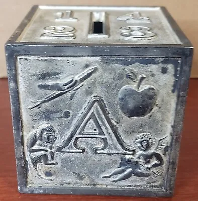 Vintage Leonard 3  ABC Building Block Cube Coin Bank Silver Plate Metal • $9.99