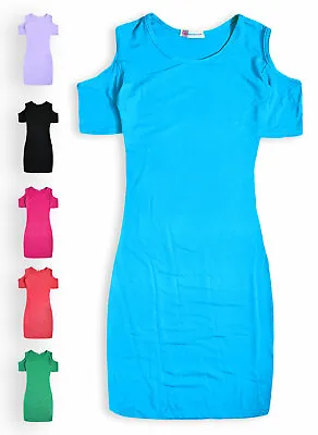 Girls Midi Dress New Kids Cold Shoulder Bodycon Stretch Dresses Ages 5-13 Years • £6.99