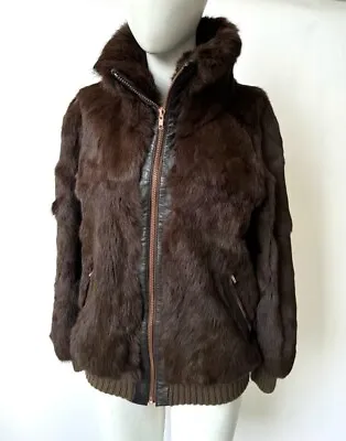 *VINTAGE* Brown Real Mink Fur Wool Rib Cuffs & Hem Bomber Jacket Size UK 10 - 12 • $236.46