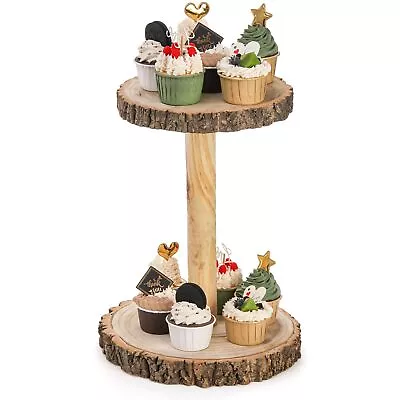 2 Tier Rustic Cupcake Stand Wood Round Cake Stand Cupcake Tower Dessert Disp... • $36.43