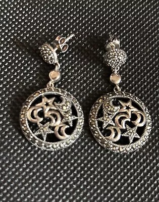 Vintage Dangle Earrings 925 Sterling Silver Marcasite  Stars Moon Beautiful • $40.95