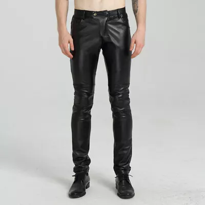 Mens Stretchy PU Leather Punk Skinny Pants Slim Mid Rise Casual Biker Trousers • $39.99