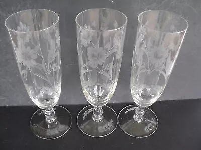 Set Of 3 Vintage Etched Glass Champagne Flutes Delicate Glasses Floral & Leaves • $20