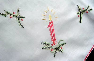 Antique  Christmas Linen Runner Hand Embroidery Pine Branches Candles ITALY • $25.99