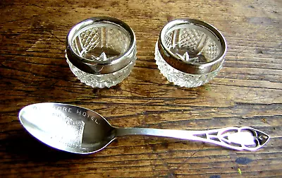 Antique Silver USA Spoon And Pair Silver Cut Glass Salts • £0.99