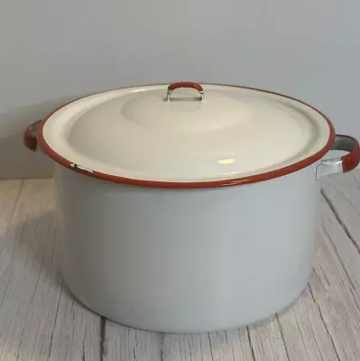 Vintage Large White Enamel Camping Pot White With Red Trim Bean Soup Stock Pot • $32