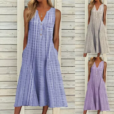 £11.29 • Buy Womens Sleeveless Loose Fit Midi Dress Ladies Summer Casual Beach Boho Sundress