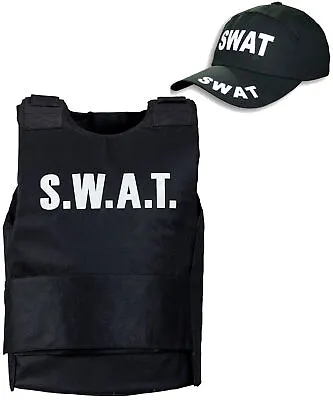 Boys Men's 2 PC SWAT Vest  & Cap Police Fancy Dress Costume • £19.45