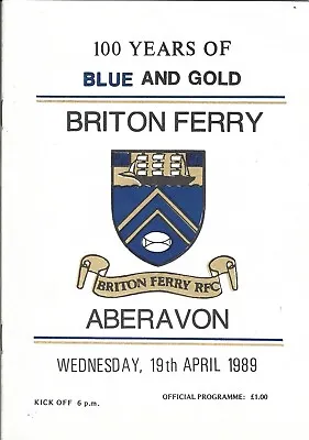 Briton Ferry v Aberavon Team Info Centenary Fixture 19 Apr 1989 RUGBY PROGRAMME • £7.99