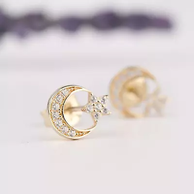 14K Gold Moon And Star Earrings Minimalist Pave Moon Star Stud Earrings • $178.50