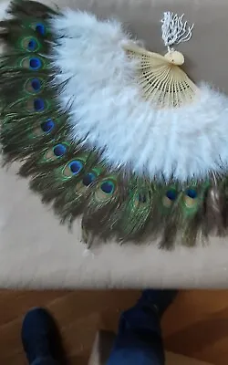 Mardi Gras Peacock & Marabou Feather Fan 2-Sided Folding Tassel 14x24  & Mask • $14.99