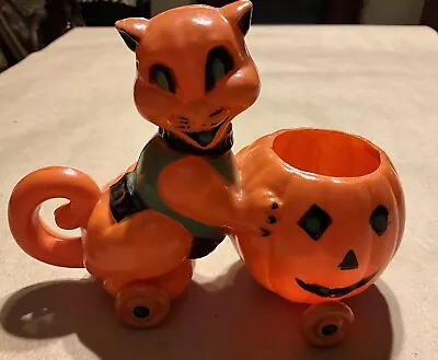 Vintage Halloween Cat With Pumpkin Roller Candy Container • $44