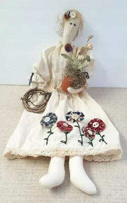 21  Vtg. Handmade Folk Art Cloth Doll *Garden/Patriotic Girl Tea Dyed Muslin • $23