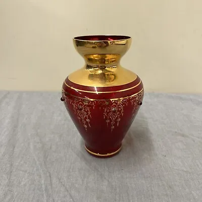 Vintage Murano Venetian Style Ruby Red Glass Vase Gold Trim 6.5  FS Bnfts Chrty • $40