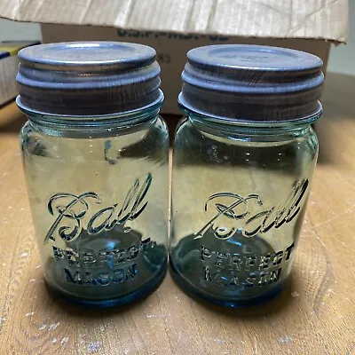 2 Vintage Aqua Blue Ball Perfect Mason Canning Jars Pint W/ Zinc Lids # 2 • $14