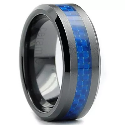 8MM Flat Top Men's Black Ceramic Ring Wedding Band With Blue Carbon Fiber Inlay • $9.99