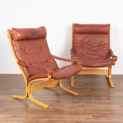 Pair Mid Century Modern Brown Vintage Leather Lounge Chairs Denmark Circa 1970 • $2700