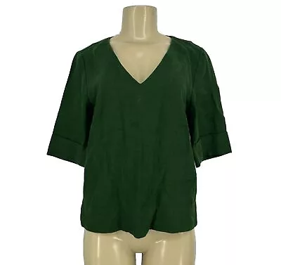 Elk Size 2 Womens French Linen Relaxed Fit V-neck Short Sleeve Green Boxy AB4 • $25.72