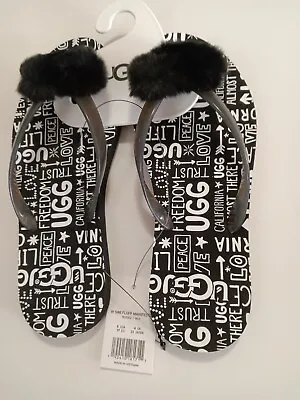 UGG Simi Fluff Manifesto 6 Black Flip Flop Sandals Heart Logo Print  Slippers  • $36.99
