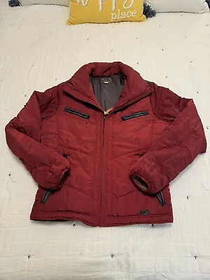 Diesel Puffer Ski Jacket Size L Maroon With Denim Detail Zip Pockets Hood • $65