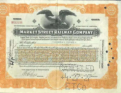 1924 Market Street Railway Company Capital Stock Certificate 5 Shares New York • $17.95