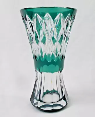 Val Saint  Lambert Green Crystal MCM Octagonal Diamond Cut Vase Belgium • $269.95