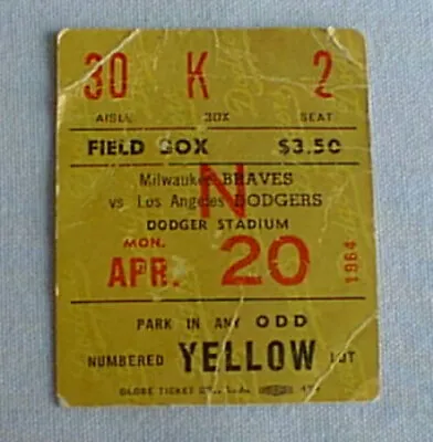 April 20 1964 LA Dodgers Ticket Stub Vs. Milwaukee Braves Dodgers Stadium • $20