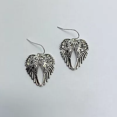 Antique Silver Tone Angel Wing Design Drop Dangle Hook Earrings • $8.49
