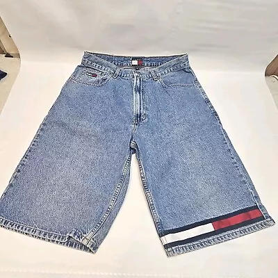 TOMMY HILFIGER Sz 32 Baggy Denim Shorts 1998 100% Cotton Flag Striped Leg Vtg • $49.99