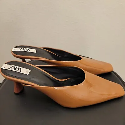 Zara Patent Finish Caramel Mule Bell Shaped Heel And Square Toe Shoes Sz 10 • $38