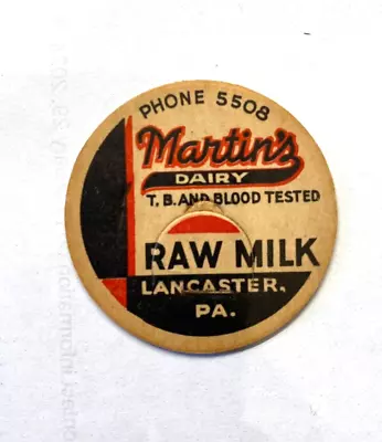 Martin's Dairy Raw Milk Bottle Cardboard Cap From Lancaster PA • $6.26